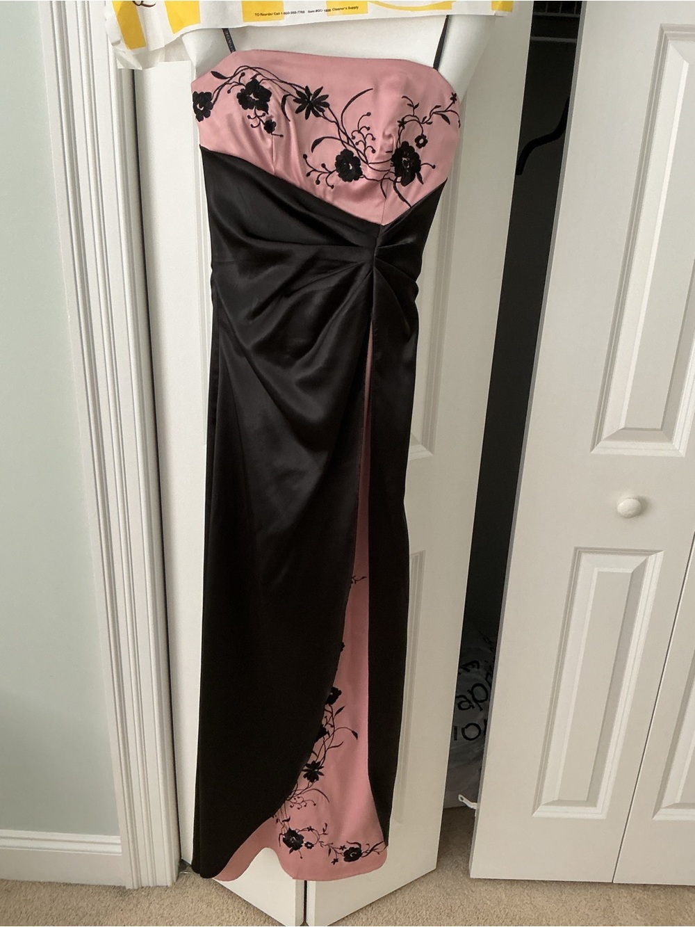 Strapless Black and Pink Embroidered Evening Gown